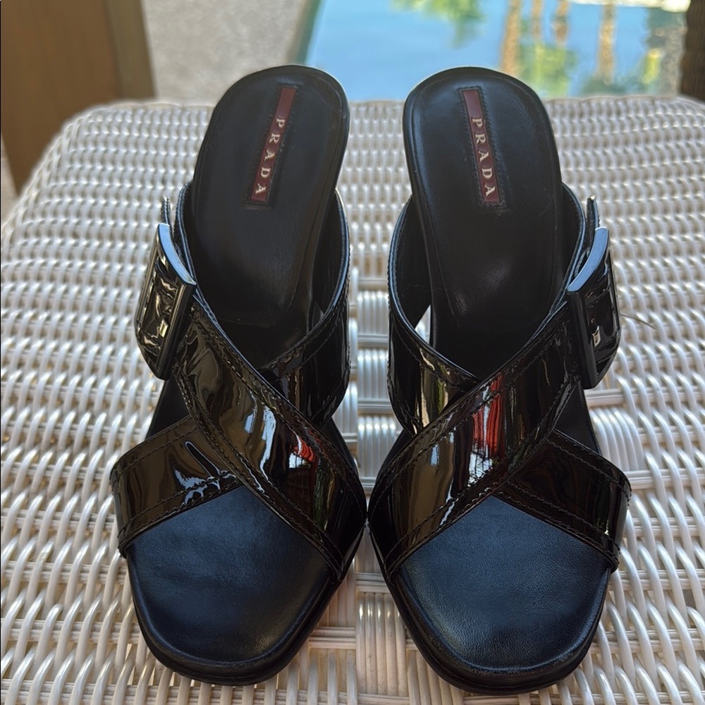 Prada Black Leather Sandals with Crisscross Straps